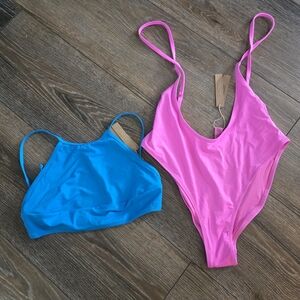 Skims Swim Lot - One-Piece Swimsuit and Blue Bikini Top. Size M